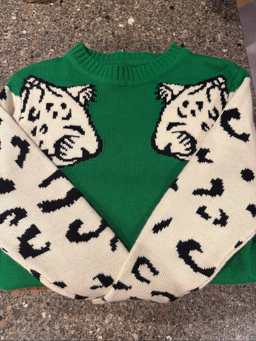 Nordstrom Green Crewneck Sweater with Cream & Black Leopard Motif